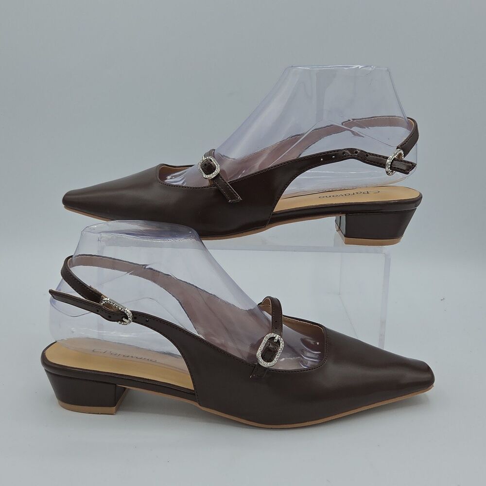 C.Paravano Dark Brown Leather Mary Jane Kitten Heels Rhinestone Buckle 7.5 38